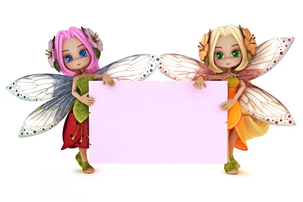 Two cute Fairy's holding a blank pink advertisement card — Stock Photo, Image