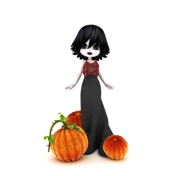 Cute Halloween Gothic toon posing with pumpkins — Stock Photo, Image