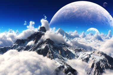 dağlar ve uzaylı gezegenine Kar manzarası göksel şapkalı.