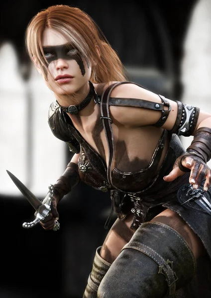 Silent Redheaded Rogue Assassin Female Piercing Darkness Her Target Dagger — Stock Photo, Image