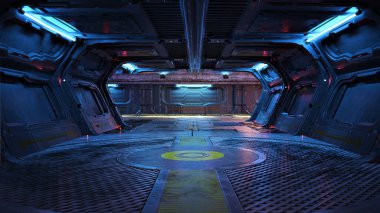 Kentsel kent retro fütüristik arka plan bilim kurgu koridorunun içi neon aksanlı. 3d oluşturma.