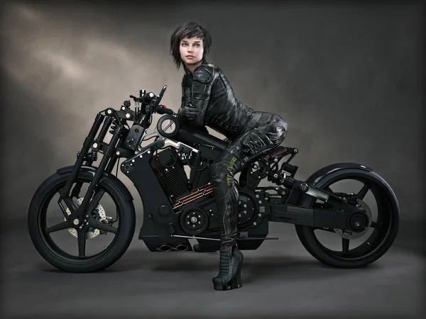 Портрет Футуристичної Жінки Науки Нетиповий Чорний Мотоцикл Студійним Фоном Візуалізація — стокове фото