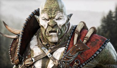 Geleneksel zırh giyen vahşi bir Ork Canavarı portresi. Fantezi temalı karakter. 3d Hazırlama