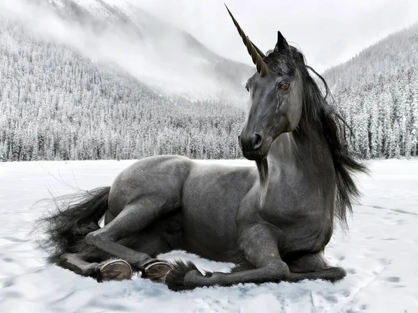 Majestatyczny Legendarny Czarny Jednorożec Spoczywa Otwartym Zimowym Krajobrazie Renderowanie — Zdjęcie stockowe