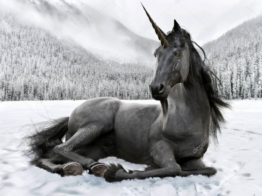 A majestic legendary Black Unicorn rests in the open winter landscape. 3d rendering