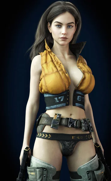 一个性感的未来战斗出生的女兵的肖像 棕色长发 决斗战斗手枪和梯度背景 3D渲染 — 图库照片