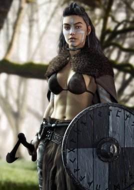 Vahşi Viking savaşçısı kadın savaş için hazır bekliyor. Sakallı balta ve yuvarlak kalkanla donatılmış ve kabile boyası izleri taşıyor. 3d oluşturma