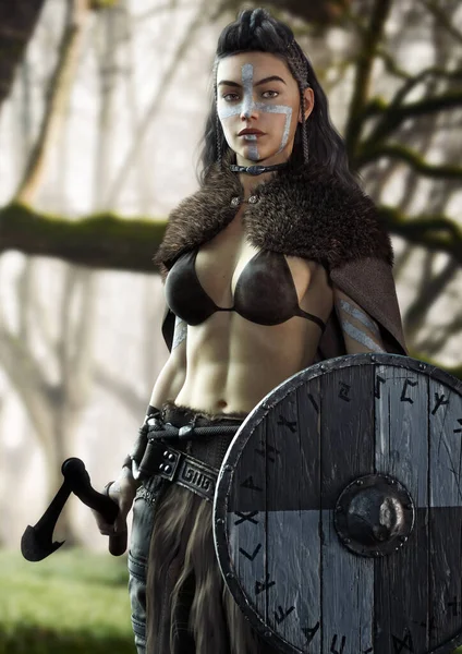 Vahşi Viking savaşçısı kadın savaş için hazır bekliyor. Sakallı balta ve yuvarlak kalkanla donatılmış ve kabile boyası izleri taşıyor. 3d oluşturma