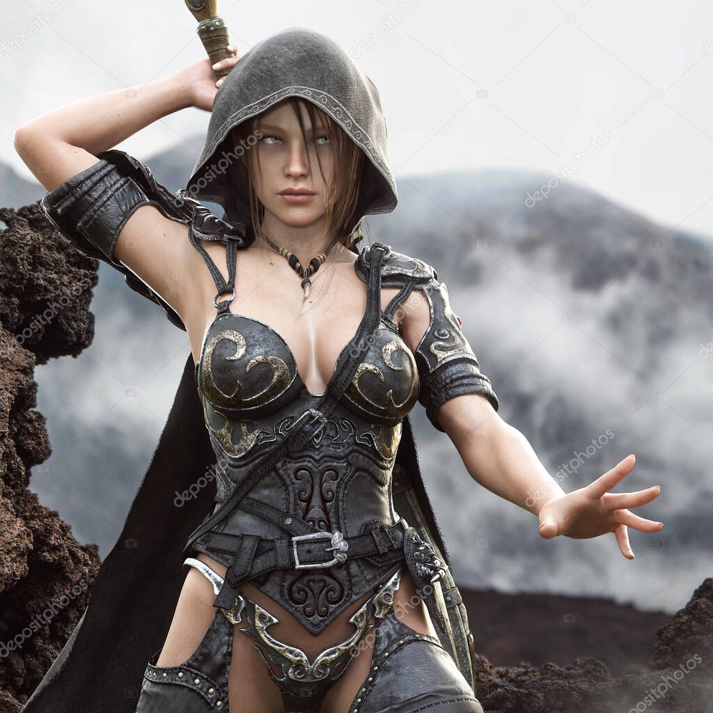Portrait of a powerful fantasy female ready to draw her blade as a threat approaches.The mysterious warrior is wearing a cloak , cape and leather armor. 3d rendering