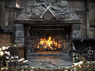 İçi değerli eşyalarla dolu taş şömineyle dolu fantezi hazine odası. 3d oluşturma 