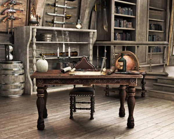 海賊船の船長室の背景には 武器の貴重品やあなたのキャラクター 想像力 創造性のための宝の地図が表示されます 3Dレンダリング — ストック写真