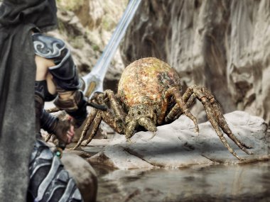 Dev bir örümcek cesur bir savaşçıyla savaşıyor. 3d oluşturma