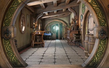 Fantezi gibi küçük bir hikaye kitabı tarzı ev içi yazlık odası arka planı, kırsal aksanlı ve küçük yuvarlak pencereli. 3d oluşturma