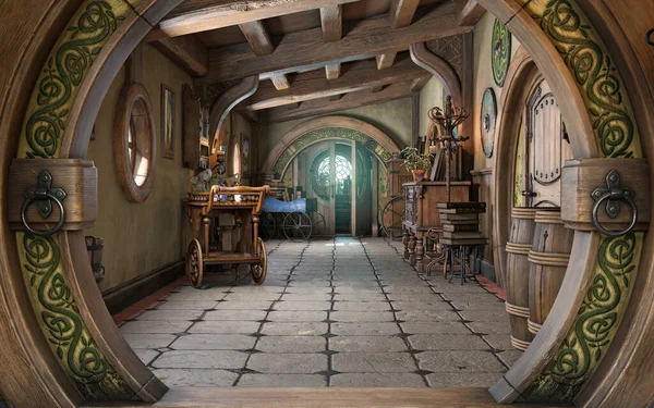 Fantasy Mic Stil Poveste Acasă Interior Cabana Camera Fundal Accente — Fotografie, imagine de stoc