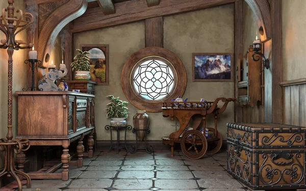 Fantasy Malutkie Storybook Stylu Domu Wnętrze Domek Tło Korytarz Rustykalnymi — Zdjęcie stockowe