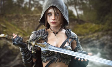 Fantasy female hooded warrior ranger stands before you with her glimmering two handed sword  3d rendering