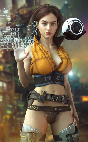 Portrait Futuristic Female Technology Expert Tuner Hacker Accompanied Her Recon — Stock Fotó