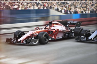 Motor sporları yarışları. Kalabalık hareket halindeki yarış arabalarını hareket bulanıklığı ile bitiş çizgisine doğru koşturuyor. 3d oluşturma .