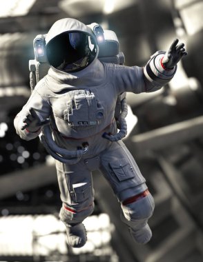 Astronot bir uzay istasyonunun dışını keşfediyor. 3d oluşturma