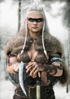 Vahşi Viking savaşçısı kadın portresi sakallı bir baltayla poz veriyor ve kar zemini olan kabile boyası işaretleri takıyor. 3d oluşturma