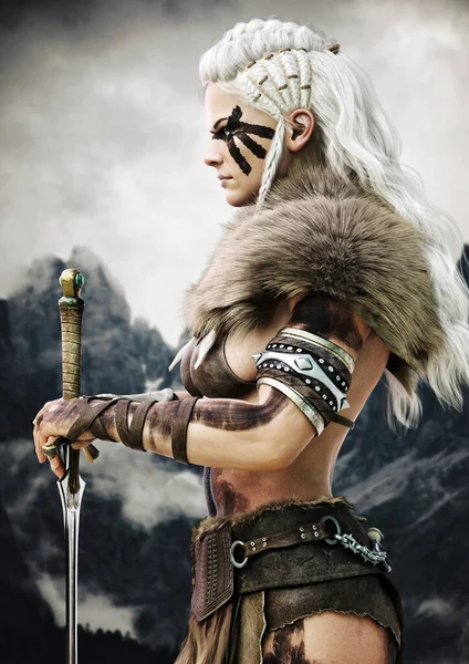 Portrait Side View Fierce Viking Female Warrior White Braided Hair — Stock Photo, Image