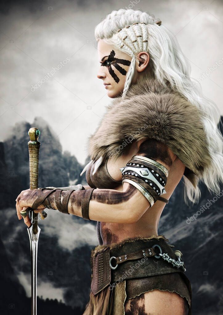  Vista lateral de retrato de una feroz guerrera vikinga con pelo trenzado blanco y marcas de pintura negra. renderizado 3d