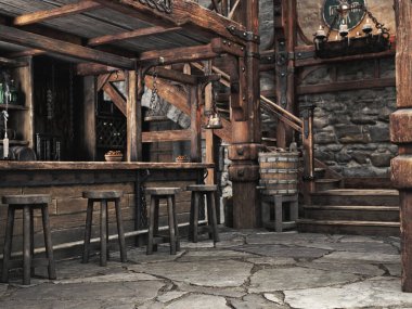 Fantezi ortaçağ tavernası. 3d oluşturma