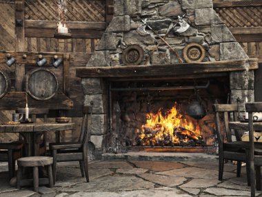 Büyük şömineli fantezi ortaçağ tavernası. 3d oluşturma
