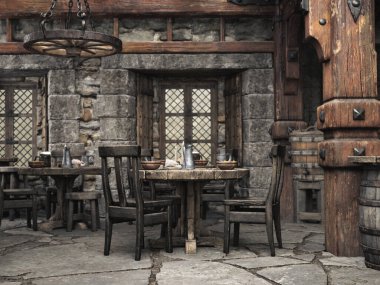 Fantezi ortaçağ tavernası. 3d oluşturma