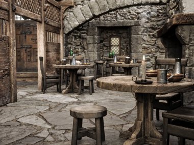 Fantezi ortaçağ tavernası. 3d oluşturma