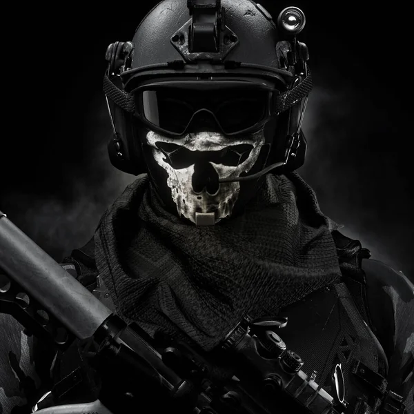 Portrait Closeup Elite Special Forces Military Soldier Equipped Battle Armor — Stock Photo, Image