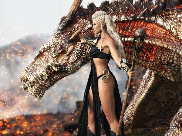 Retrato Reina Del Dragón Sosteniendo Bastón Con Feroz Fuego Respirando —  Fotos de Stock