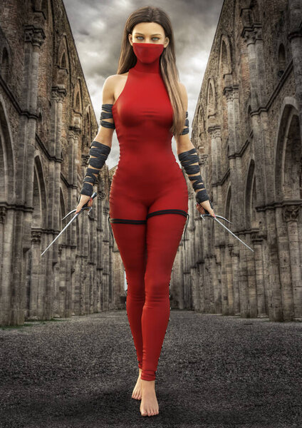 Portrait of a masked fantasy female known as the mysterious red assassin , walking through the inner ruin streets and equipped with two sai's. 3d rendering