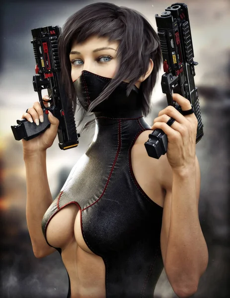 Portrait Masked Futuristic Scifi Female Armed Laser Pistol Weapons Ready — Fotografia de Stock