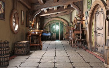 Fantezi kuran küçük bir hikaye kitabı tarzı ev içi kulübe koridoru arka planında kırsal aksanlı. 3d oluşturma