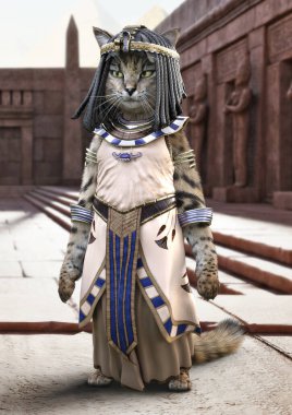 Kitty Egyptian themed background.Concept portrait of a cute cat dressed in a traditional dress with a pyramid background. 3d rendering . Part of a kitty cat portrait themed series.