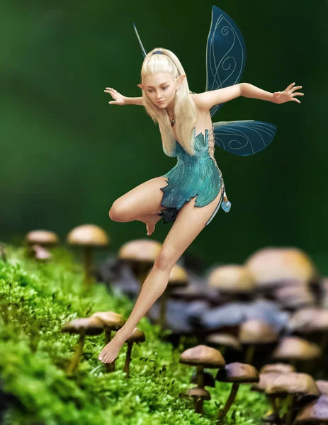 キノコのパッチの上を飛ぶかわいいファンタジー妖精 3Dレンダリング — ストック写真