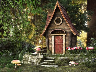 Büyüleyici orman, küçük peri masalı evi arka planı. 3d oluşturma