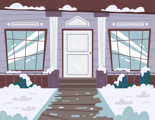 Χειμερινό Σπίτι Πρόσοψη Μπροστινή Πόρτα Εσωτερικό Διανυσματική Επίπεδη Ζωγραφισμένη Στο — Διανυσματικό Αρχείο
