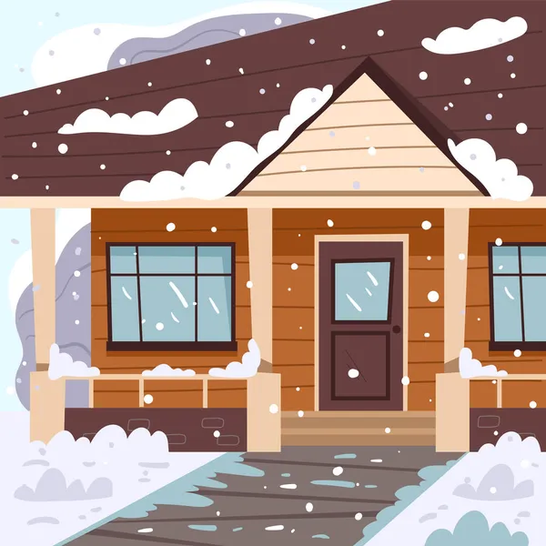 Winter Huis Gevel Voordeur Interieur Vector Vlakke Hand Getekend Illustratie — Stockvector