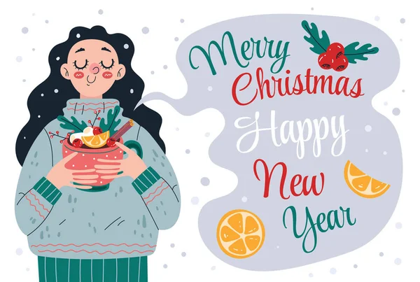 Woman Character Drinking Hot Drink Merry Christmas Happy New Year — Stock Vector