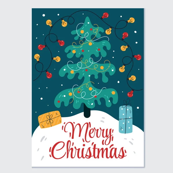 Vrolijk Kerstfeest Gelukkig Nieuwjaar Feest Groet Boom Grenen Kaart Flyer Vectorbeelden