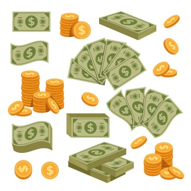 Kağıt yeşil dolar banknot ve altın sikkeler izole edilmiş tasarım element vektörü düz set