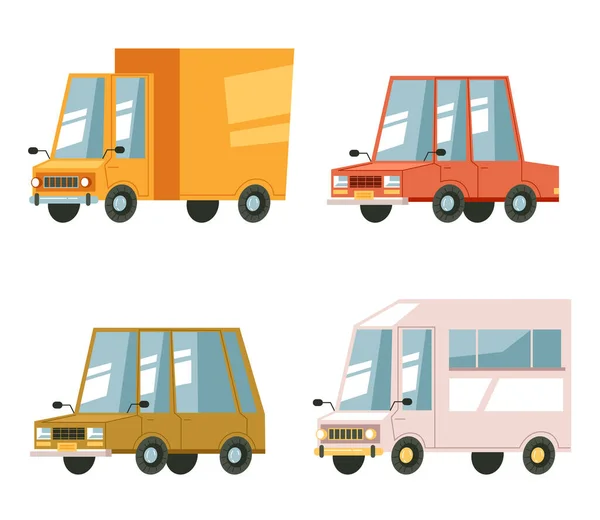 漫画の車のトラック絶縁ベクトルフラットデザイン要素セット — ストックベクタ