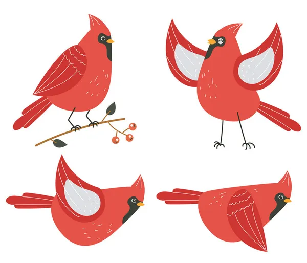 Червоні Північні Кардинальні Символи Птахів Ізольовані Векторні Плоскі Елементи Дизайну Ліцензійні Стокові Ілюстрації