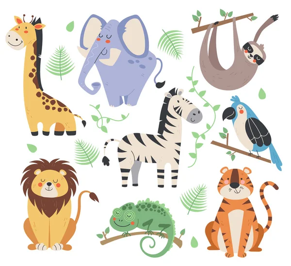 Orman Tropikal Hayvanları Düz Çizgi Film Koleksiyonu Illüstrasyonu — Stok Vektör
