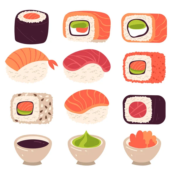 Verschillende Soorten Sushi Voedsel Geïsoleerd Plat Grafisch Ontwerp Cartoon Set Rechtenvrije Stockvectors