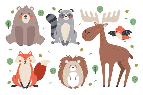 Floresta Animais Personagens Urso Guaxinim Raposa Alce Pássaro Ouriço Isolado Ilustrações De Stock Royalty-Free