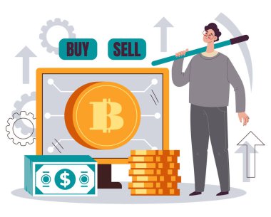 Şifreli para birimi bitcoin madenciliği çevrimiçi internet yatırım finans takas konsepti. Vektör düz çizgi film tasarımı illüstrasyonu