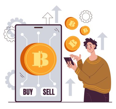 Şifreli para birimi bitcoin madenciliği çevrimiçi internet yatırım finans takas konsepti. Vektör düz çizgi film tasarımı illüstrasyonu